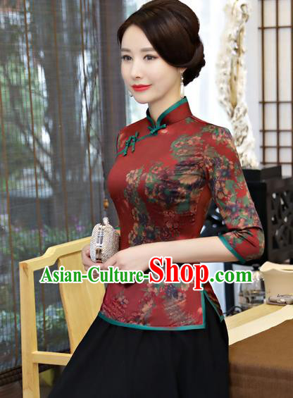 Chinese Traditional Elegant Cheongsam Dark Red Silk Blouse National Costume Tang Suit Qipao Shirts for Women
