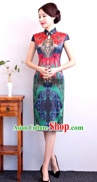 Chinese Traditional Elegant Silk Short Cheongsam National Costume Retro Printing Qipao Dress for Women