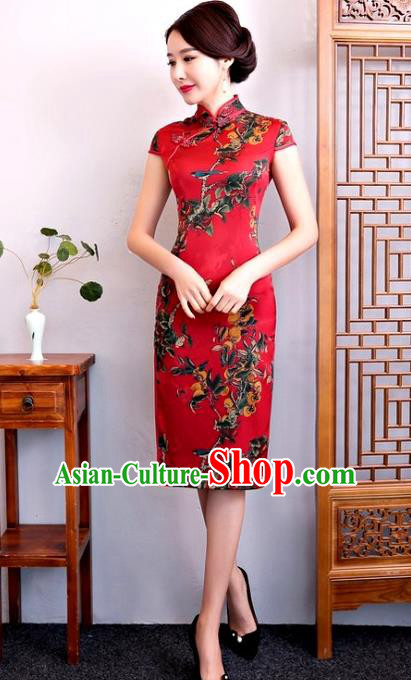 Chinese Traditional Elegant Silk Cheongsam Red Full Dress National Costume Retro Printing Qipao for Women
