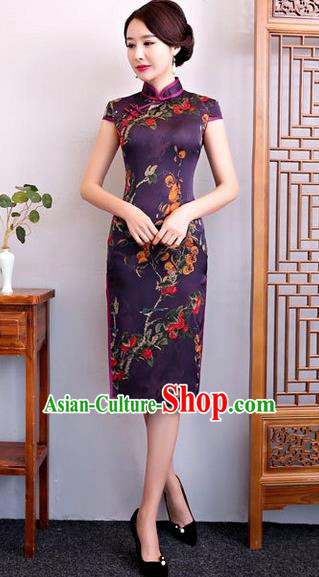 Chinese Traditional Elegant Silk Cheongsam Purple Full Dress National Costume Retro Printing Qipao for Women