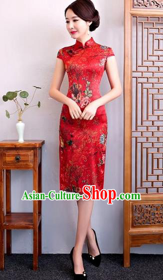 Chinese Traditional Elegant Cheongsam Red Silk Full Dress National Costume Retro Printing Flowers Qipao for Women