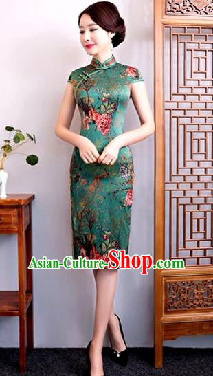 Chinese Traditional Elegant Cheongsam Green Silk Full Dress National Costume Retro Printing Flowers Qipao for Women