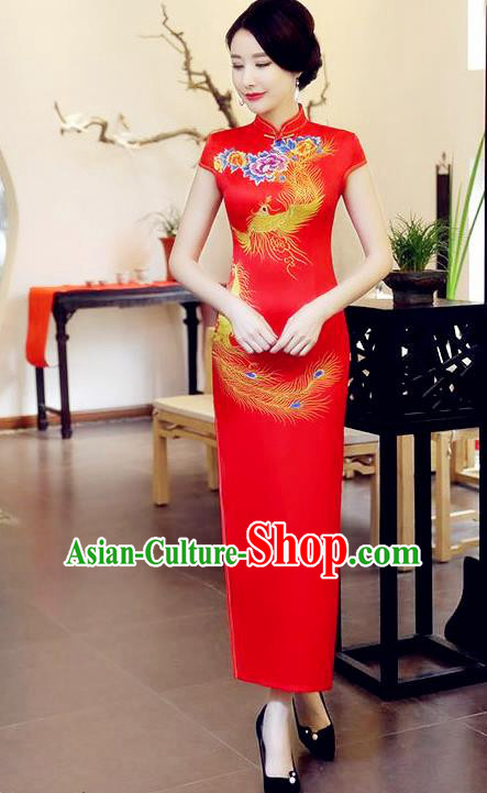 Chinese Traditional Elegant Cheongsam Wedding Red Satin National Costume Retro Printing Phoenix Qipao for Women