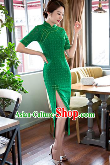 Chinese Traditional National Costume Elegant Cheongsam Green Lace Qipao Dress for Women