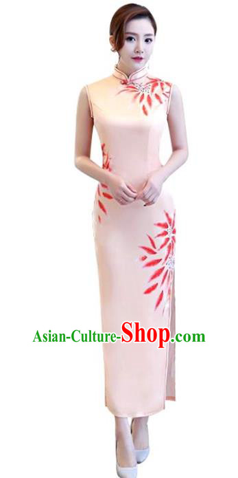 Chinese Traditional National Costume Elegant Cheongsam Printing Pink Qipao Dress for Women