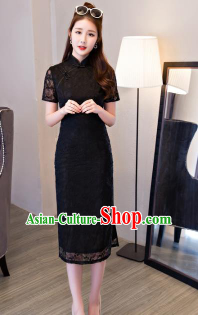 Top Grade Chinese Traditional National Costume Elegant Black Lace Cheongsam Qipao Dress for Women