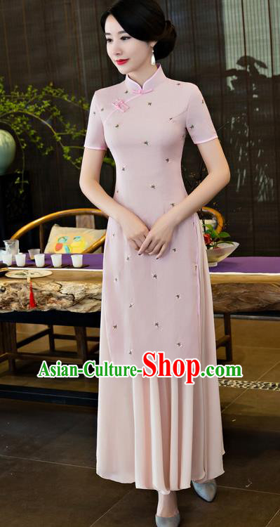 Top Grade Chinese National Costume Elegant Cheongsam Tang Suit Pink Qipao Dress for Women