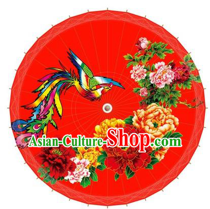 Chinese Handmade Painting Phoenix Peony Paper Umbrella Folk Dance Red Oil-paper Umbrella Yangko Umbrella