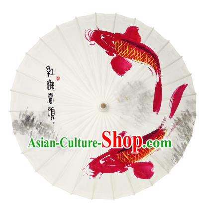 Chinese Handmade Paper Umbrella Folk Dance Printing Red Fishes Oil-paper Umbrella Yangko Umbrella