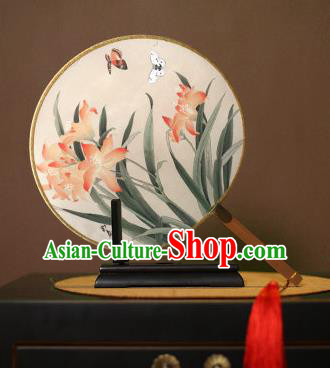 Chinese Traditional Circular Fans Handmade Printing Orchid Round Fan China Ancient Palace Dance Fans