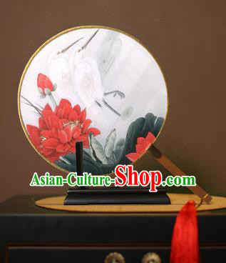 Chinese Traditional Circular Fans Handmade Printing Lotus Egret Round Fan China Ancient Palace Dance Fans