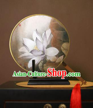Chinese Traditional Circular Fans Handmade Printing White Lotus Round Fan China Ancient Palace Dance Fans
