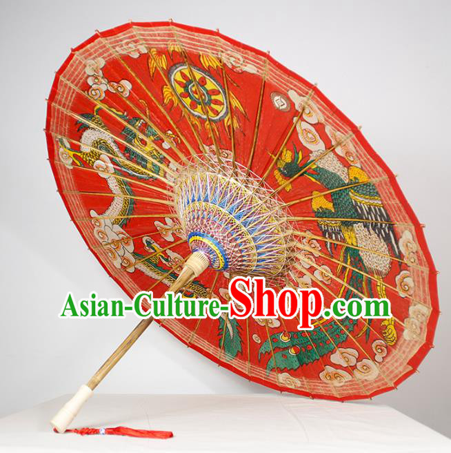 Chinese Traditional Artware Wedding Red Paper Umbrella Printing Dragon and Phoenix Oil-paper Umbrella Handmade Umbrella
