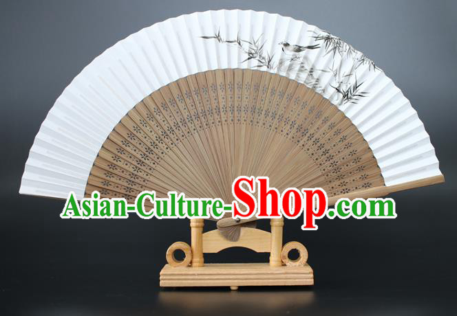 Chinese Traditional Artware Handmade Sandalwood Folding Fans Ink Painting Bamboo Paper Fans