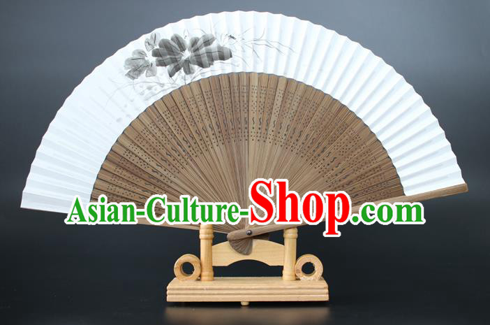 Chinese Traditional Artware Handmade Sandalwood Folding Fans Ink Painting Lotus Paper Fans