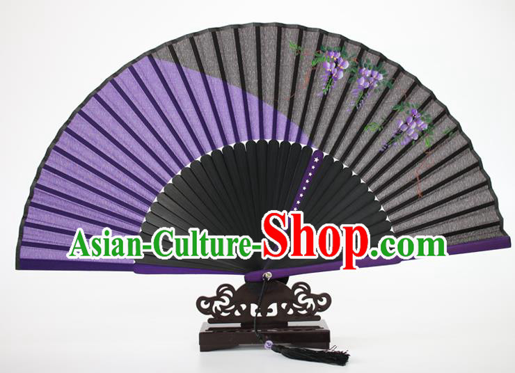 Chinese Traditional Artware Handmade Folding Fans Purple Silk Fans Printing Flowers Accordion