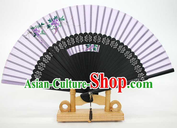 Chinese Traditional Artware Handmade Folding Fans Printing Wisteria Lilac Silk Fans Accordion