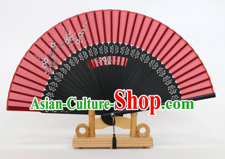Chinese Traditional Artware Handmade Folding Fans Printing Plum Blossom Red Silk Fans Accordion