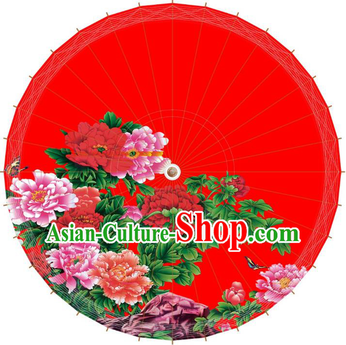 Chinese Traditional Artware Red Paper Umbrellas Printing Peony Flowers Wedding Oil-paper Umbrella Handmade Umbrella