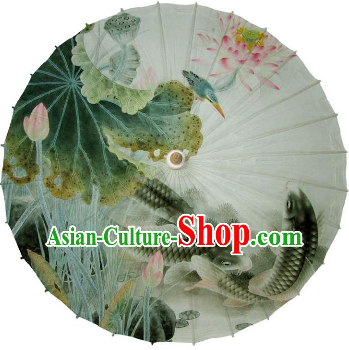 Chinese Traditional Artware White Paper Umbrellas Printing Lotus Fishes Oil-paper Umbrella Handmade Umbrella