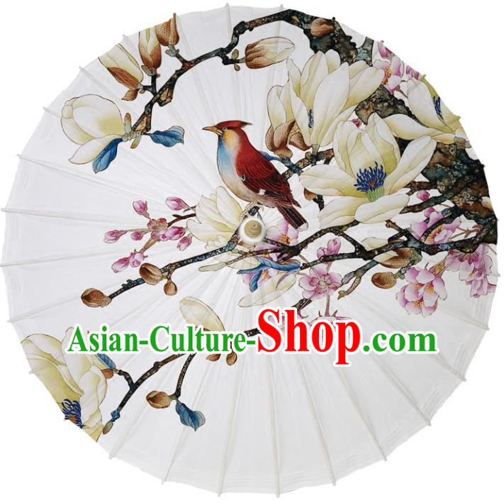 Chinese Traditional Artware Dance Umbrella Printing Mangnolia Birds Paper Umbrellas White Oil-paper Umbrella Handmade Umbrella