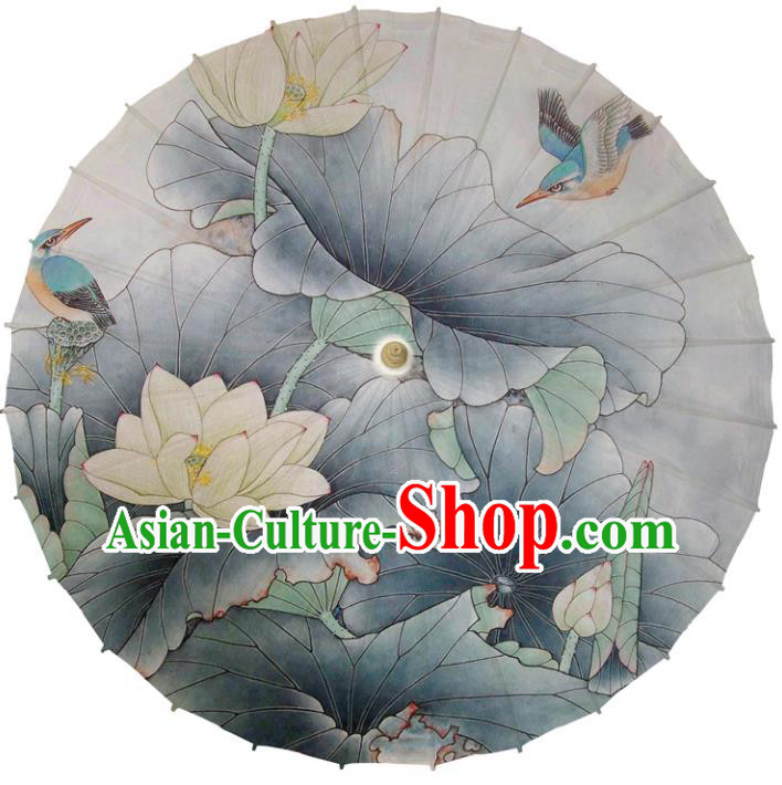 Chinese Traditional Artware Dance Umbrella Printing Lotus Grey Paper Umbrellas Oil-paper Umbrella Handmade Umbrella