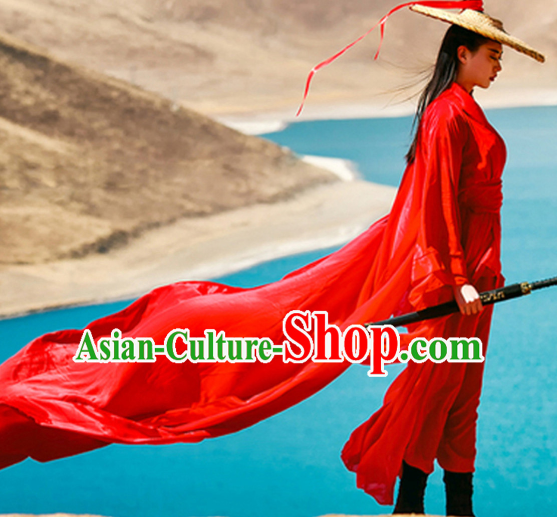 Ancient Chinese Hanzhuang Theater and Reenactment Costumes Hanfu and Bamboo Hat Complete Set for Women or Men