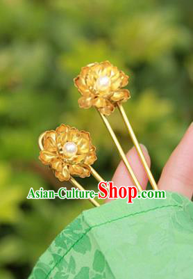 Chinese Handmade Classical Hair Accessories Wedding Hairpin Hanfu Golden Lotus Hair Stick for Women