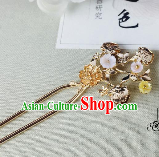 Chinese Handmade Classical Hair Accessories Wedding Shell Flowers Hair Stick Golden Hairpins for Women