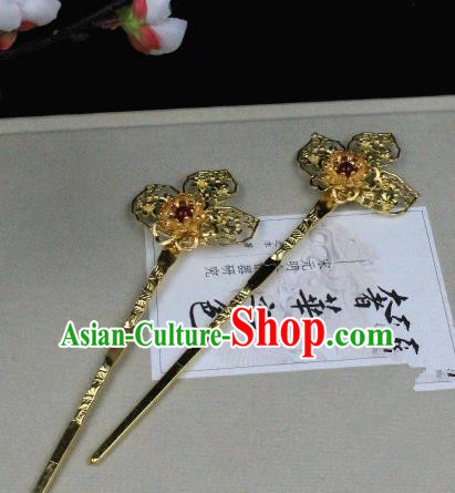 Chinese Handmade Classical Hair Accessories Golden Flower Hairpins Hair Stick for Women