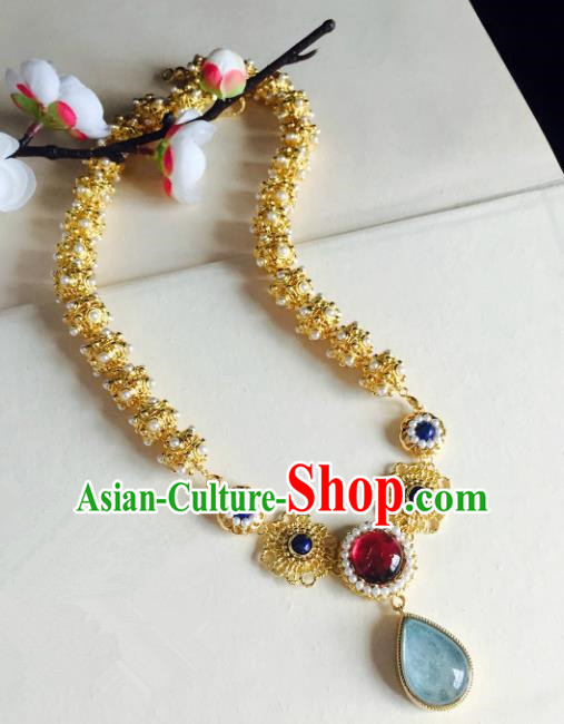 Chinese Handmade Classical Accessories Golden Earrings Hanfu Blue Crystal Eardrop for Women