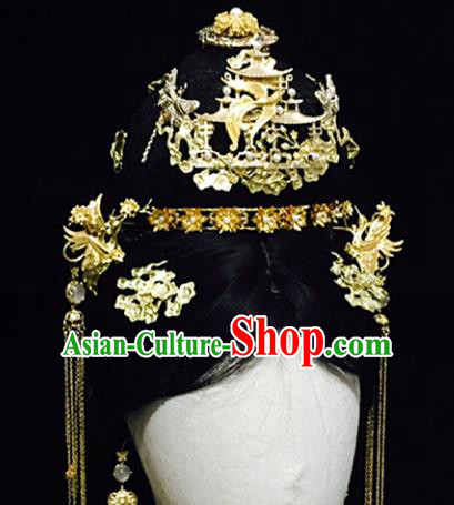 Chinese Handmade Classical Hair Accessories Golden Phoenix Coronet Hairpins Hair Stick Complete Set for Women