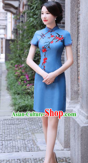 Chinese Traditional Mandarin Qipao Dress National Costume Printing Plum Blossom Blue Cheongsam for Women