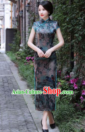 Chinese Traditional Mandarin Silk Qipao Dress National Costume Printing Long Cheongsam for Women