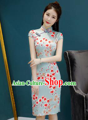 Chinese Traditional Mandarin Qipao Dress National Costume Printing Flowers Green Cheongsam for Women