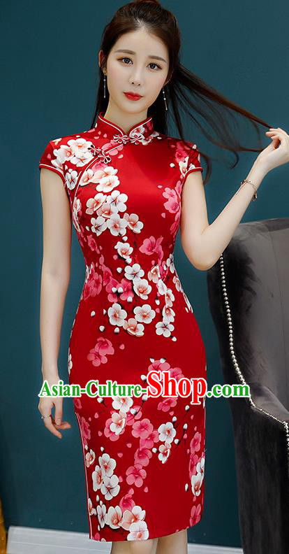 Chinese Traditional Mandarin Qipao Dress National Costume Printing Flowers Red Cheongsam for Women