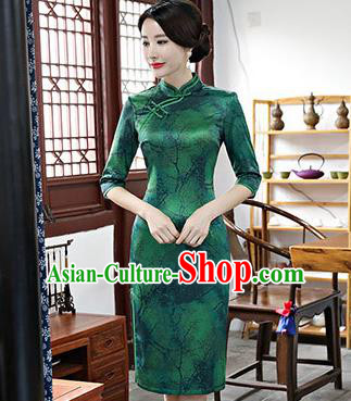 Chinese Traditional Silk Mandarin Qipao Dress National Costume Printing Green Short Cheongsam for Women