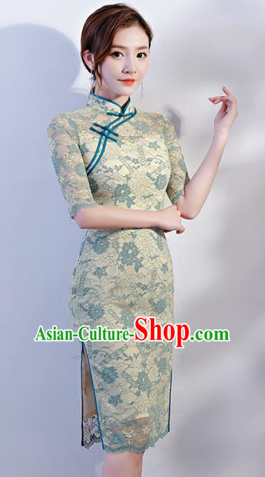 Chinese Traditional Mandarin Qipao Dress National Costume Green Lace Short Cheongsam for Women