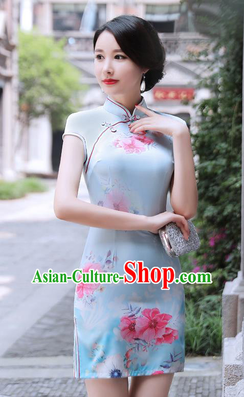 Chinese Traditional Mandarin Qipao Dress National Costume Printing Blue Cheongsam for Women