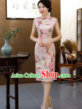 Chinese Traditional Pink Short Mandarin Qipao Dress National Costume Printing Flowers Cheongsam for Women