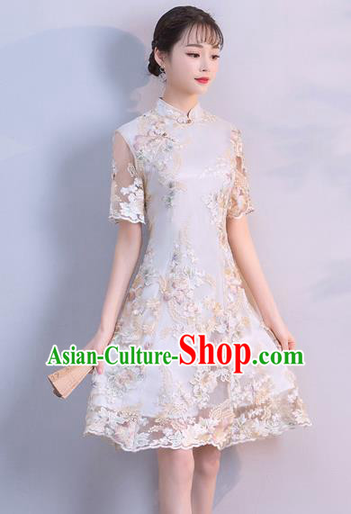 Chinese Traditional Embroidered Mandarin Qipao Dress National Costume Short Cheongsam for Women