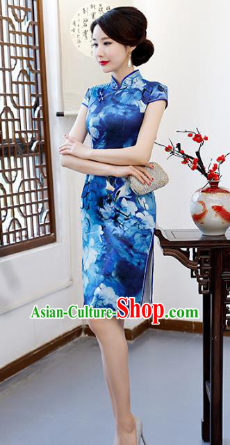 Chinese Traditional Mandarin Qipao Dress National Costume Printing Blue Short Cheongsam for Women