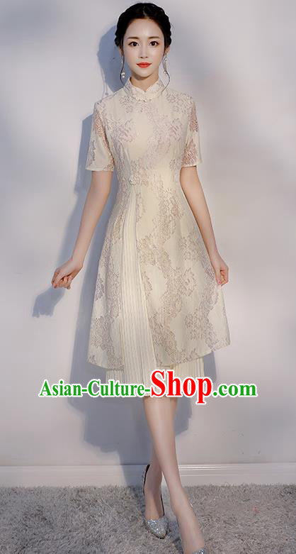 Chinese Traditional Embroidered White Mandarin Qipao Dress National Costume Short Cheongsam for Women