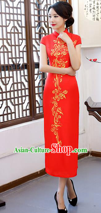 Chinese Traditional Chrysanthemum Pattern Mandarin Qipao Dress National Costume Red Cheongsam for Women