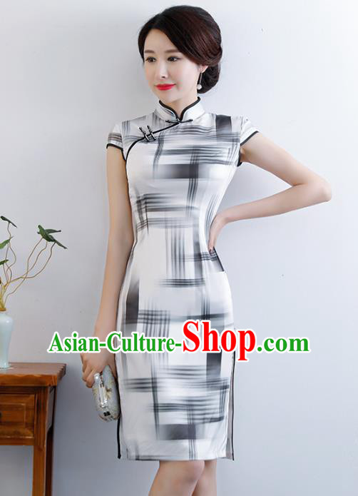 Chinese Traditional Mandarin Qipao Dress National Costume Printing White Silk Cheongsam for Women