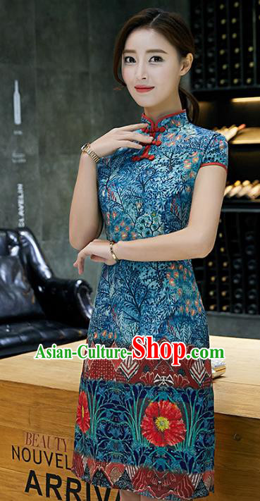 Chinese Traditional Printing Mandarin Qipao Dress National Costume Tang Suit Blue Cheongsam for Women