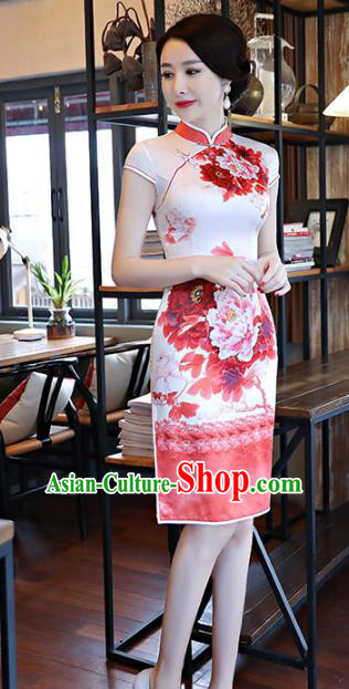 Chinese Traditional Printing Peony Red Silk Mandarin Qipao Dress National Costume Tang Suit Short Cheongsam for Women