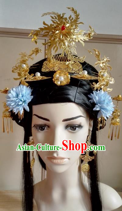 Traditional Chinese Ancient Palace Lady Hair Accessories Golden Phoenix Coronet Hairpins Complete Set for Women