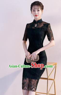 Chinese Traditional Black Lace Mandarin Qipao Dress National Costume Wedding Short Cheongsam for Women