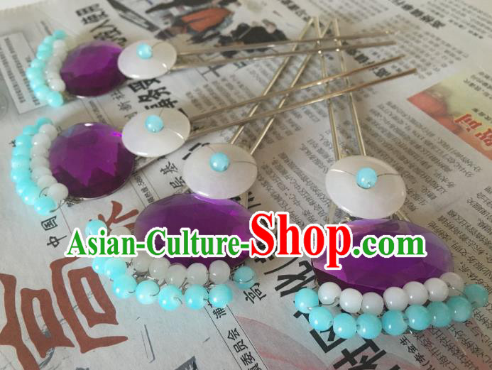 Traditional Chinese Ancient Palace Lady Hair Accessories Hairpins Blue Beads Tassel Step Shake for Women